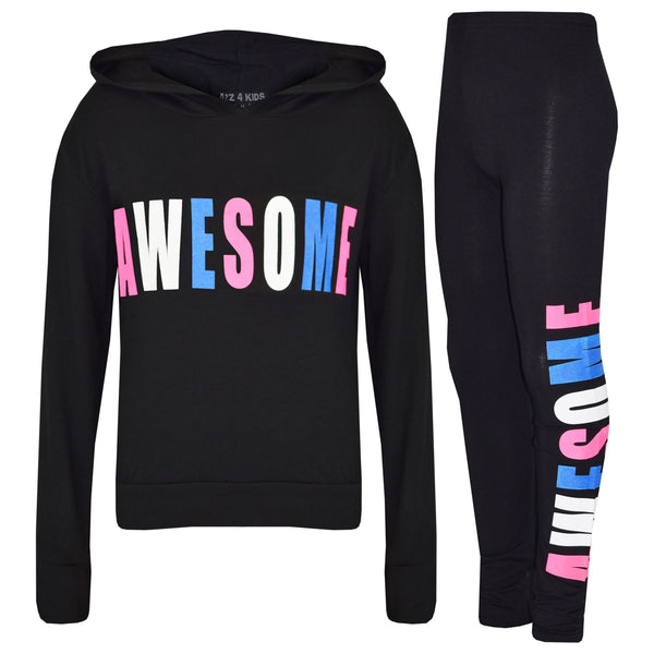 Girls Tops Kids Awesome Print Hooded T Shirt Top Legging Lounge Wear Set 7-13 Yr