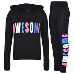 Girls Tops Kids Awesome Print Hooded T Shirt Top Legging Lounge Wear Set 7-13 Yr