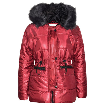 Kids Girls Jackets Puffer Hooded Detachable Faux Fur Wet Look Padded Long Coats