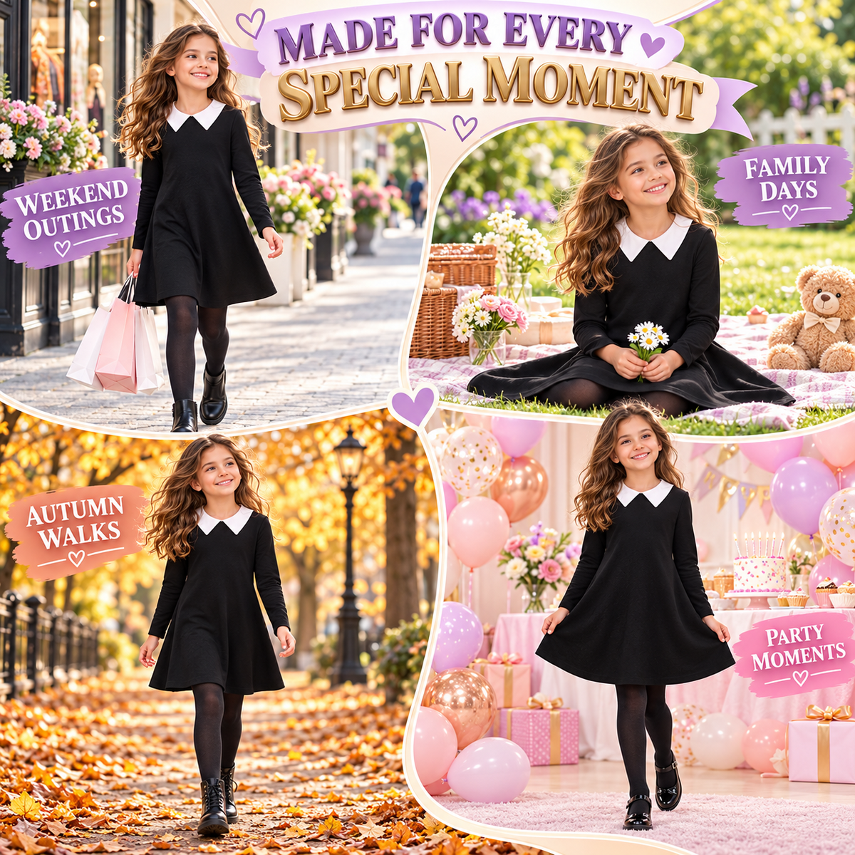 Kids Girls Swing Dress Long Sleeves Flared Gothic School Girl Uniform Dresses