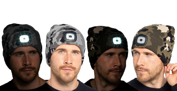 A2Z Mens LED Hat Camouflage Knitted Beanies Caps USB Rechargeable LED Torch Cap