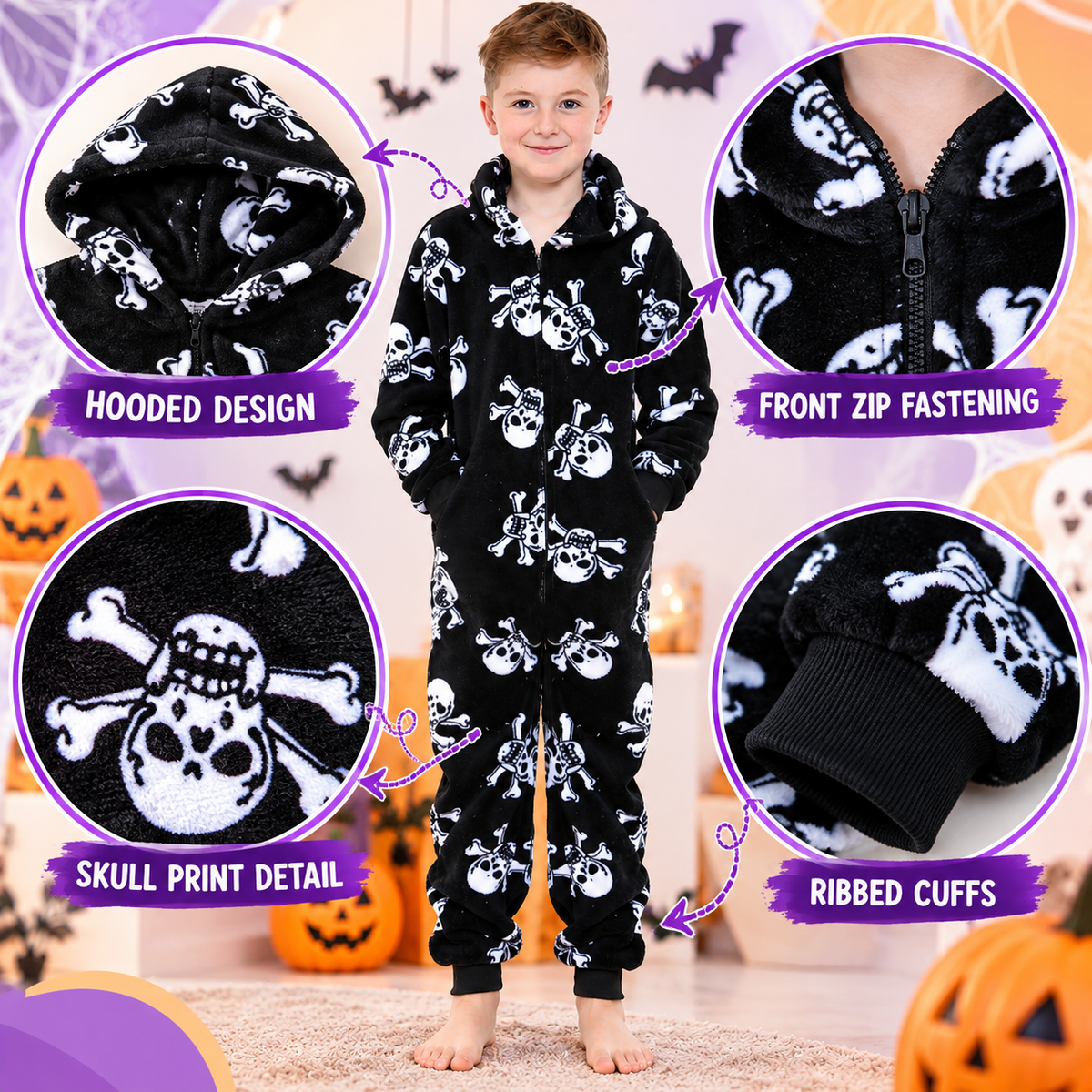 Kids Fun Halloween Skull Bones Print Onesie Pyjama Sets For Girls Boys Jumpsuit