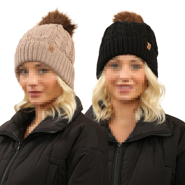 A2Z Ladies Hats 2 Pack Cable Knit Fur Bobble Beanie Pom Pom Winter Warm Cosy Cap