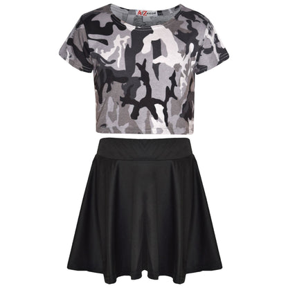 A2Z 4 Kids Camouflage Crop Top & Skater Skirt Set Short Sleeves T Shirt Summer Outfit 2 Piece Activewear For Girls Age 5-13 years