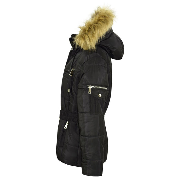 A2Z 4 Kids Kids Girls Jackets Black Puffer Hooded Stylish Detachable Faux Fur Padded Zipped Belted Slim Fit Warm Coats New Age 5 6 7 8 9 10 11 12 13 Years