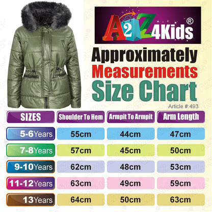 Kids Girls Jackets Puffer Hooded Detachable Faux Fur Wet Look Padded Long Coats
