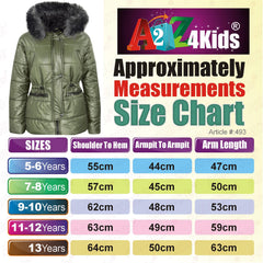 Kids Girls Jackets Puffer Hooded Detachable Faux Fur Wet Look Padded Long Coats
