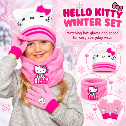 Hello Kitty Girls Hat Gloves Snood Set Pink Winter Neck Warmer Kids One Size