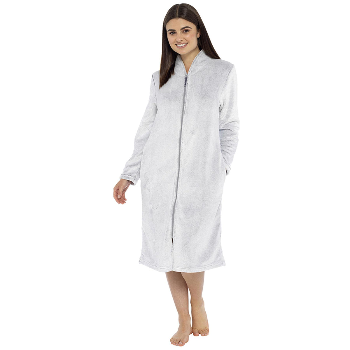 Ladies Dressing Gown Fluffy Bathrobe Women Zip Through Full Length House Coat