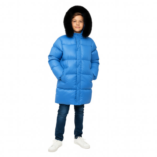 A2Z 4 Kids Boys Long Puffer Coat with Faux Fur Hooded Thick Winter Shiny Jacket