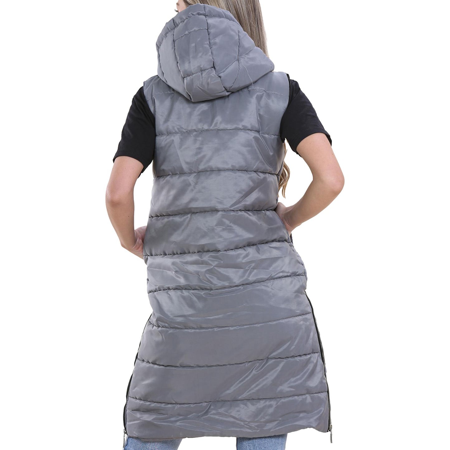 Ladies Sleeveless Gilet Oversized Hooded Quilted Gilet Padded Long Line Coat