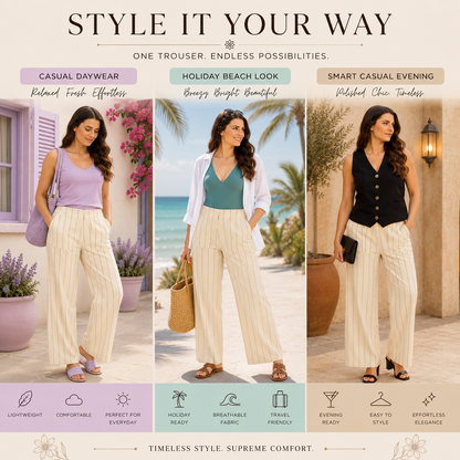 Ladies Linen Blend Elasticated Back Stripe Wide Leg Summer Holiday Trousers