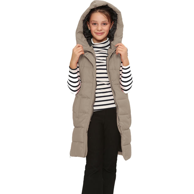 A2Z Kids Girls Down Vest Oversized Stone Hooded Quilted Gilet Padded Long Line Vest Jacket Long Sleeveless Coat Urban Winter Wear 7-13