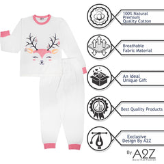 Kids Girls Christmas Pyjamas Reindeer Print White PJS 2 Piece Xmas Lounge Suit