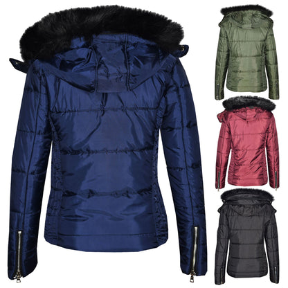 Girls Puffer Jacket Quilted Winter Coat Faux Fur Hood Warm Padded Zipped Coat