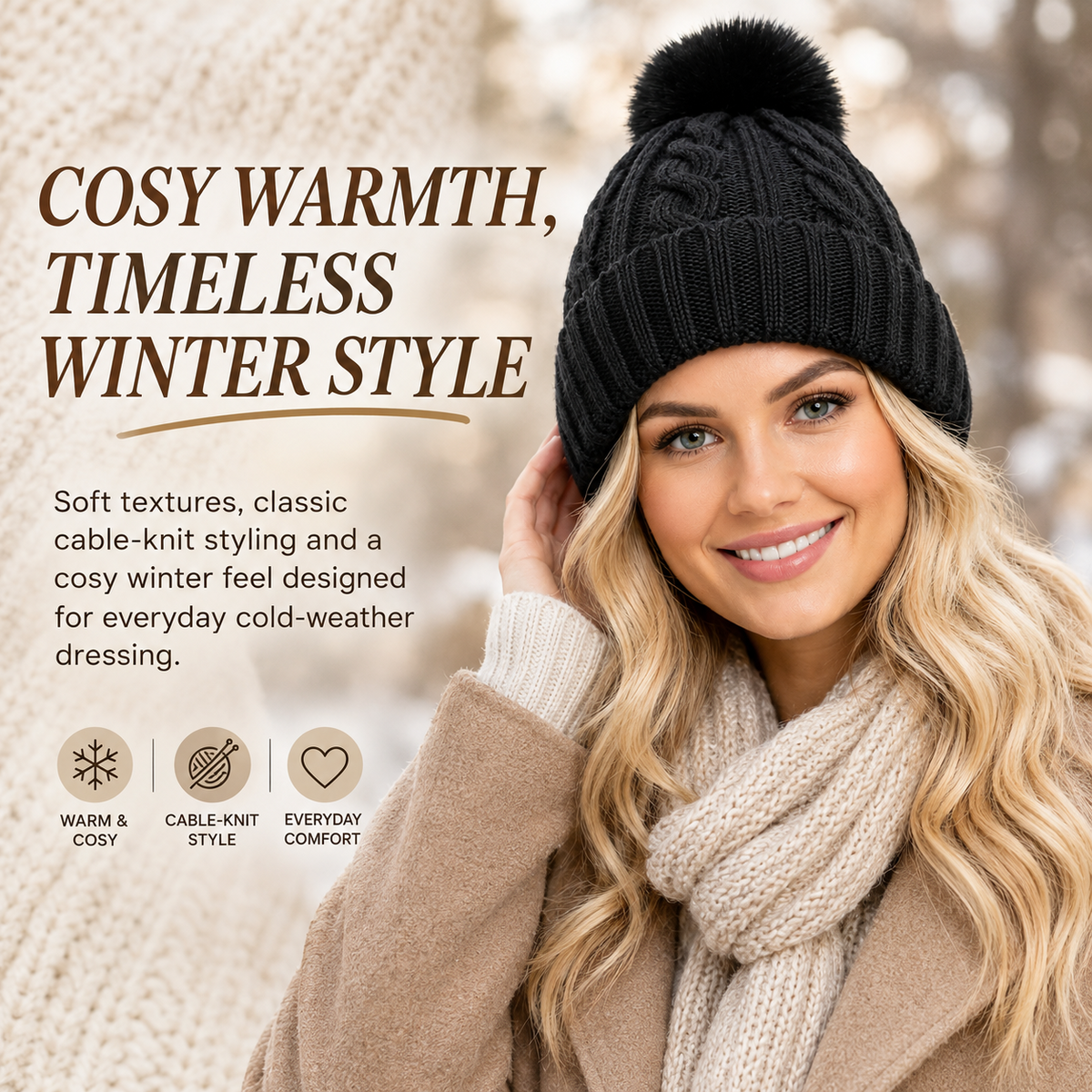 A2Z Ladies Hats Cable Chunky Bobble Knit Pom Pom Winter Warm Cozy Women Caps