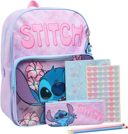Disney Stitch Girls Backpack Set with Pencil Case Notebook Stickers & Keyring