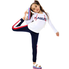 Kids Girls Hooded Tracksuit Top Bottom Navy Flawless Print Tees & Trouser Outfit