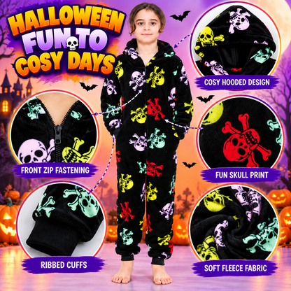 Kids Fun Halloween Skull Bones Print Onesie Pyjama Sets For Girls Boys Jumpsuit