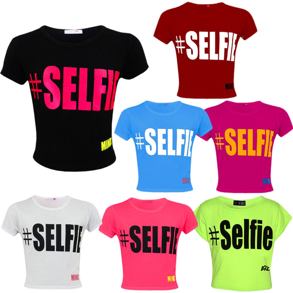 KIDS GIRLS NEW SEASON " # SELFIE " PRINTED CROP TOP T SHIRT 7 8 9 10 11 12 13 Yr