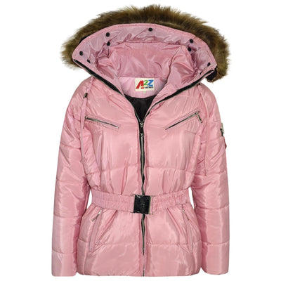 A2Z 4 Kids Kids Girls Jackets Baby Pink Puffer Hooded Stylish Detachable Faux Fur Padded Zipped Belted Slim Fit Warm Coats New Age 5 6 7 8 9 10 11 12 13 Years