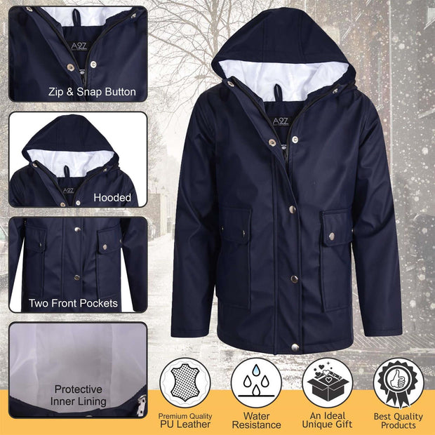 A2Z 4 Kids PU Raincoat Jackets Navy Windbreaker Waterproof Parka Shower Resistant Hooded Raincoat Girls Boys Age 5-6, 7-8, 9-10, 11-12 & 13 Years - A2Z 4 Kids