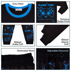 Kids Girls Boys Pyjamas Game Time Contrast Top Bottom 2 Piece PJS Sleepwear Set