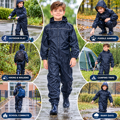 Girls Boys Raincoat Kids Puddle Suit Rainwear Waterproof Hooded Rainsuit 2-13 Yr