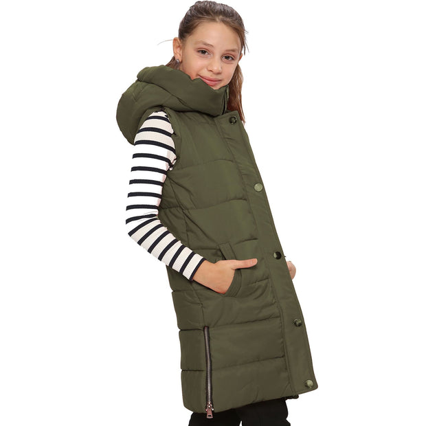 A2Z Kids Down Vest Oversized Khaki Long Sleeveless Hooded Quilted Gilet Padded Long Line Vest Jacket Coat For Girls 7-13 Years