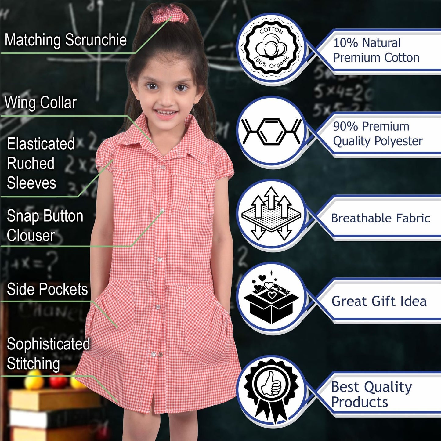 Kids Pack of 2 Girls Dress Breathable with Matching Scrunchies Age 3-14 Years
