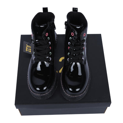 A2Z 4 Kids Girls Teens Ladies School Shoes Black Patent Glitter Heart Ankle Boot