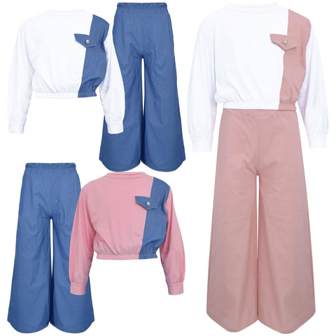 Kids Girls Crop Top Set Casual Long Sleeve Crop Top Flared Trouser Age 3-14