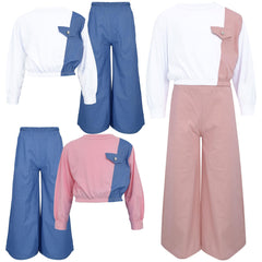 Kids Girls Crop Top Set Casual Long Sleeve Crop Top Flared Trouser Age 3-14