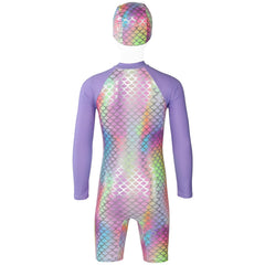 Kids Girls Rainbow Swimsuit With Hat Surfing Diving Quick Dry Swimwear Suit