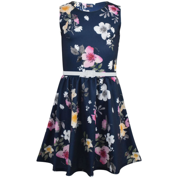 Kids Girls Skater Dress Sleeveless Party Fashion Navy Floral Summer Dresses