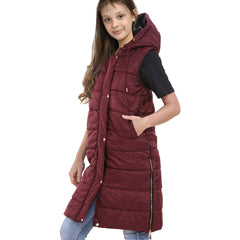 Kids Girls Oversized Gilet Long Line Hooded Quilted Jacket Long Sleeveless Coat