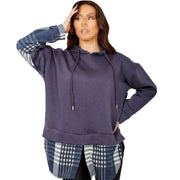 Ladies Hooded Shacket Check Print Colour Block Zip Up Shirt Jacket Oversize Coat
