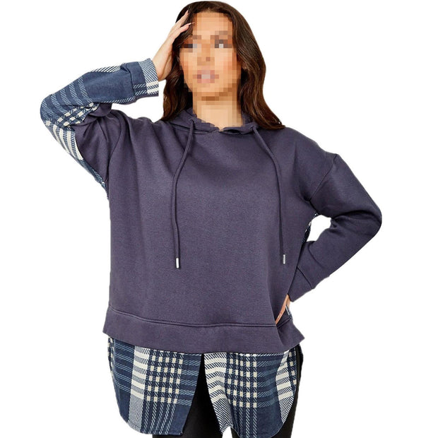 Ladies Hooded Shacket Check Print Colour Block Zip Up Shirt Jacket Oversize Coat