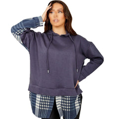 Ladies Hooded Shacket Check Print Colour Block Zip Up Shirt Jacket Oversize Coat