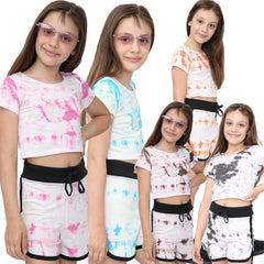 Kids Tie Dye Crop Top & Shorts Set Active Wear Summer Girls Boys Age 5-13 years