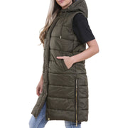 A2Z Ladies Adults Sleeveless Gilet Oversized Hooded Olive Quilted Gilet Padded Long Line Vest Jacket Sleeveless Coat Urban Winter Wear