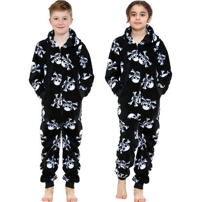 Kids Fun Halloween Skull Bones Print Onesie Pyjama Sets For Girls Boys Jumpsuit