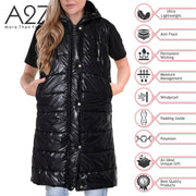 A2Z Ladies Adults Sleeveless Gilet Oversized Wet Look Hooded Quilted Gilet Padded Long Line Vest Jacket Sleeveless Coat Urban Winter Wear