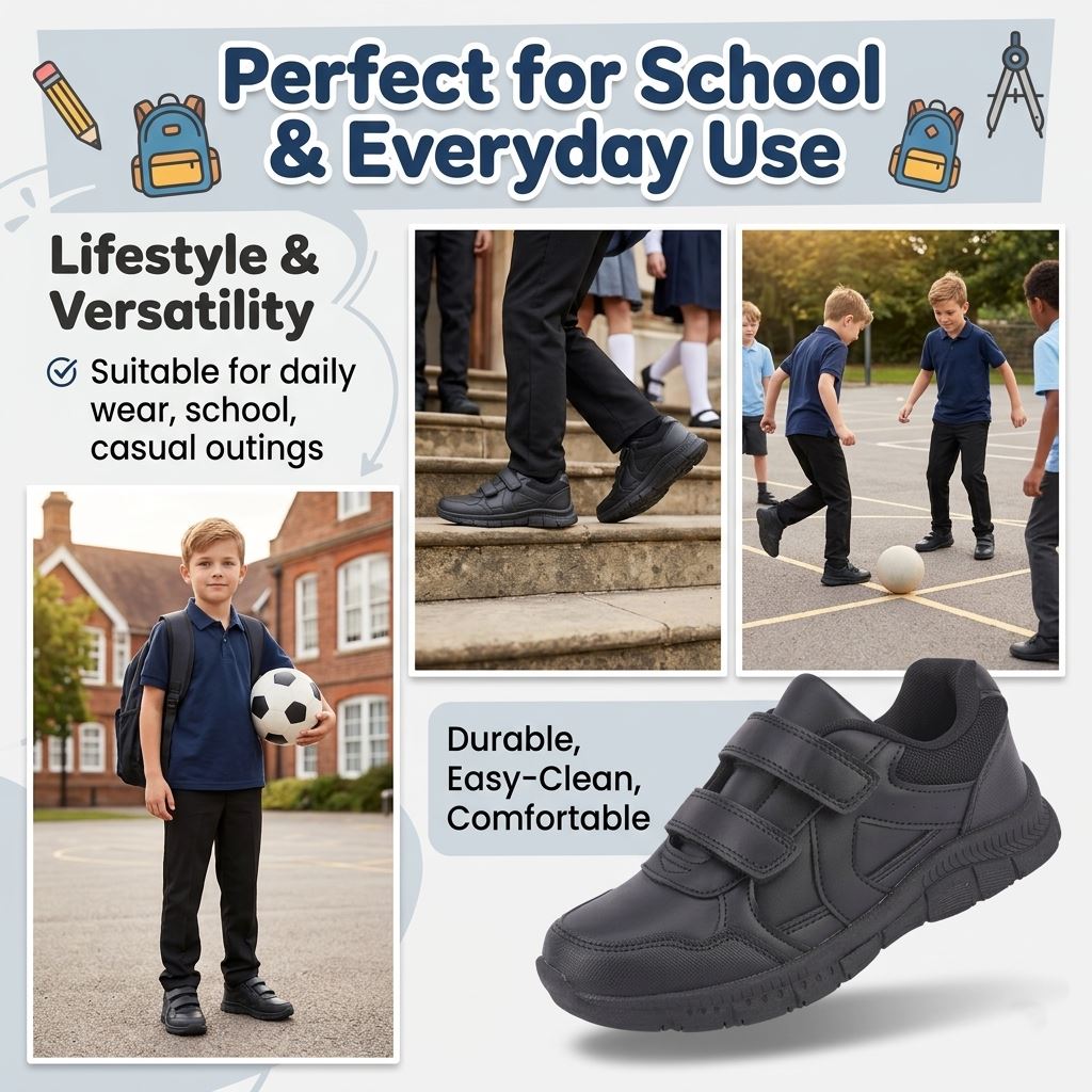 Kids Boys School Shoes Black Twin Strap Touch Fastening Trainers PU Grip Sole