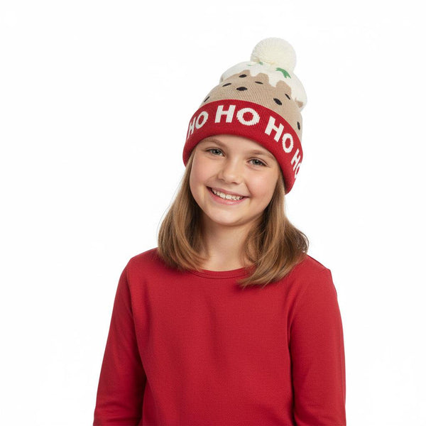 Kids Girls Hat Xmas Ho Ho Ho Pudding Knit Bobble Pom Pom Winter Warm Cozy Hats