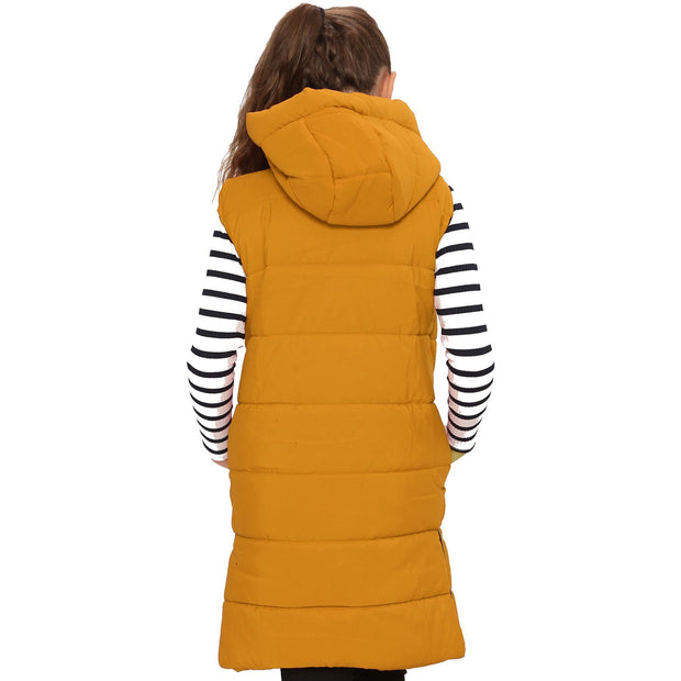 A2Z Kids Girls Down Vest Oversized Mustard Hooded Quilted Gilet Padded Long Line Vest Jacket Long Sleeveless Coat Urban Winter Wear 7-13 Years