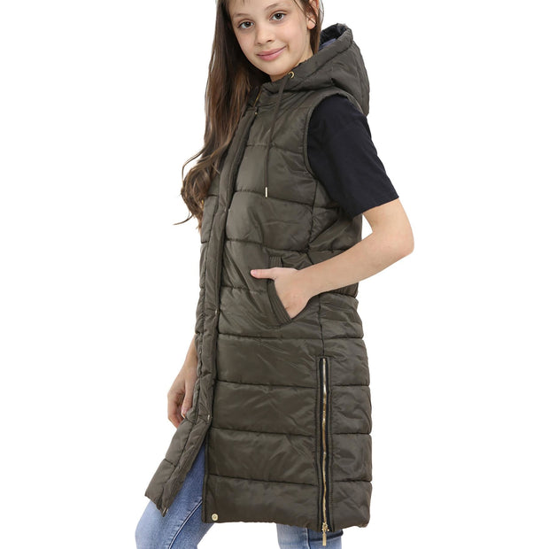 A2Z Kids Girls Fashion Gilet Olive Padded Long Line Vest Jacket Oversized Hooded Quilted Long Sleeveless Coat Urban Winter Wear Coat 7 8 9 10 11 12 13 Years