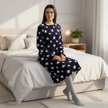 Ladies Fleece Nightie Long Sleeve Dress with Pockets Sizes 10-24