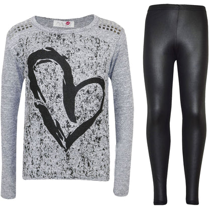 Kids Girls HEART Printed Trendy Top & Stylish Fashion Legging Set Age 7-13 Years