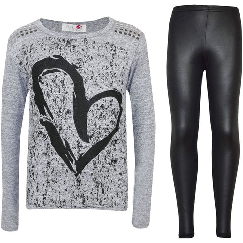 Kids Girls HEART Printed Trendy Top & Stylish Fashion Legging Set Age 7-13 Years
